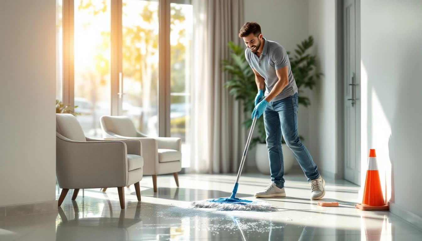Cleaner in a grey polo mopping the tile floor of a small Azle, TX office lobby with a wet-floor cone beside the wall