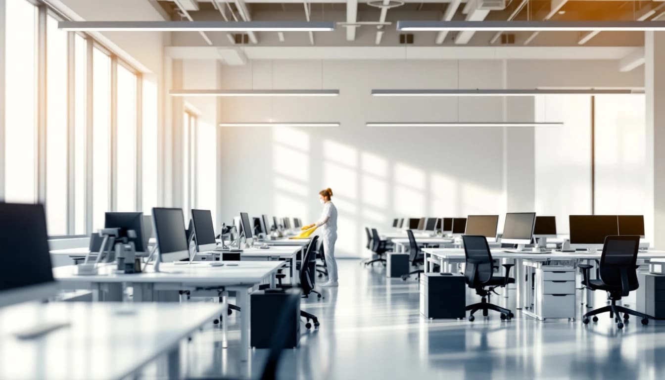 Commercial cleaner wiping down desks and monitors in a small professional office suite with floor-to-ceiling windows in Bedford, TX