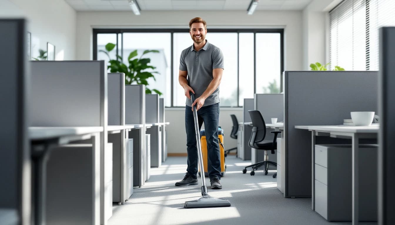 Cleaner in a grey polo vacuuming the carpet aisle between tidy cubicles in a small Cleburne, TX insurance office with a potted plant on a filing cabinet