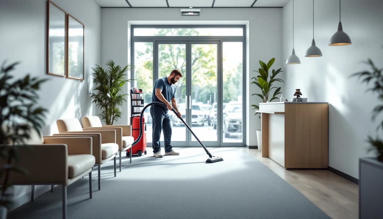 Cleaner vacuuming low-pile carpet in a small Euless, TX office reception area with waiting chairs and a check-in counter