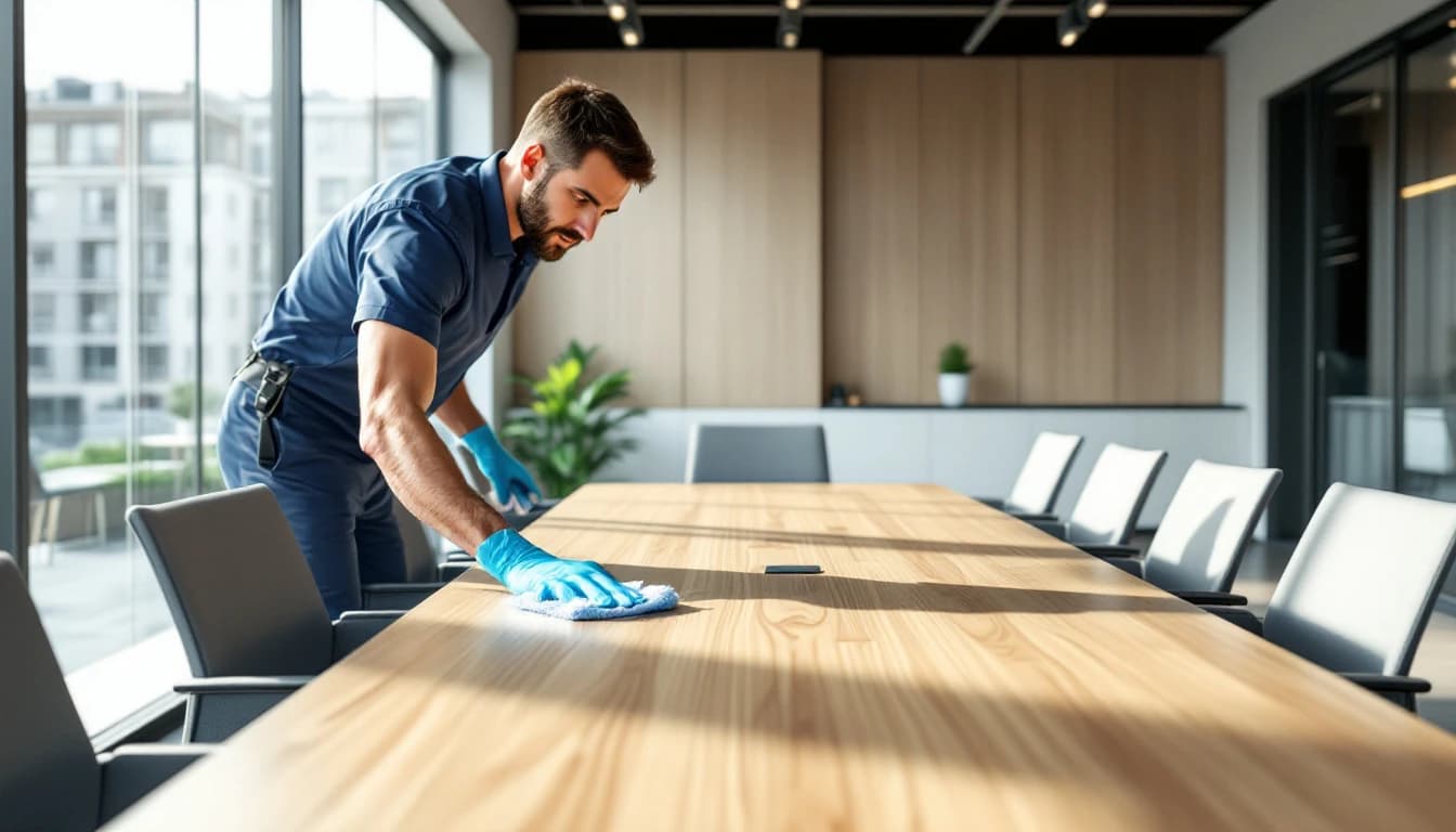 Cleaner sanitizing a conference room table in a modern Fort Worth, TX office