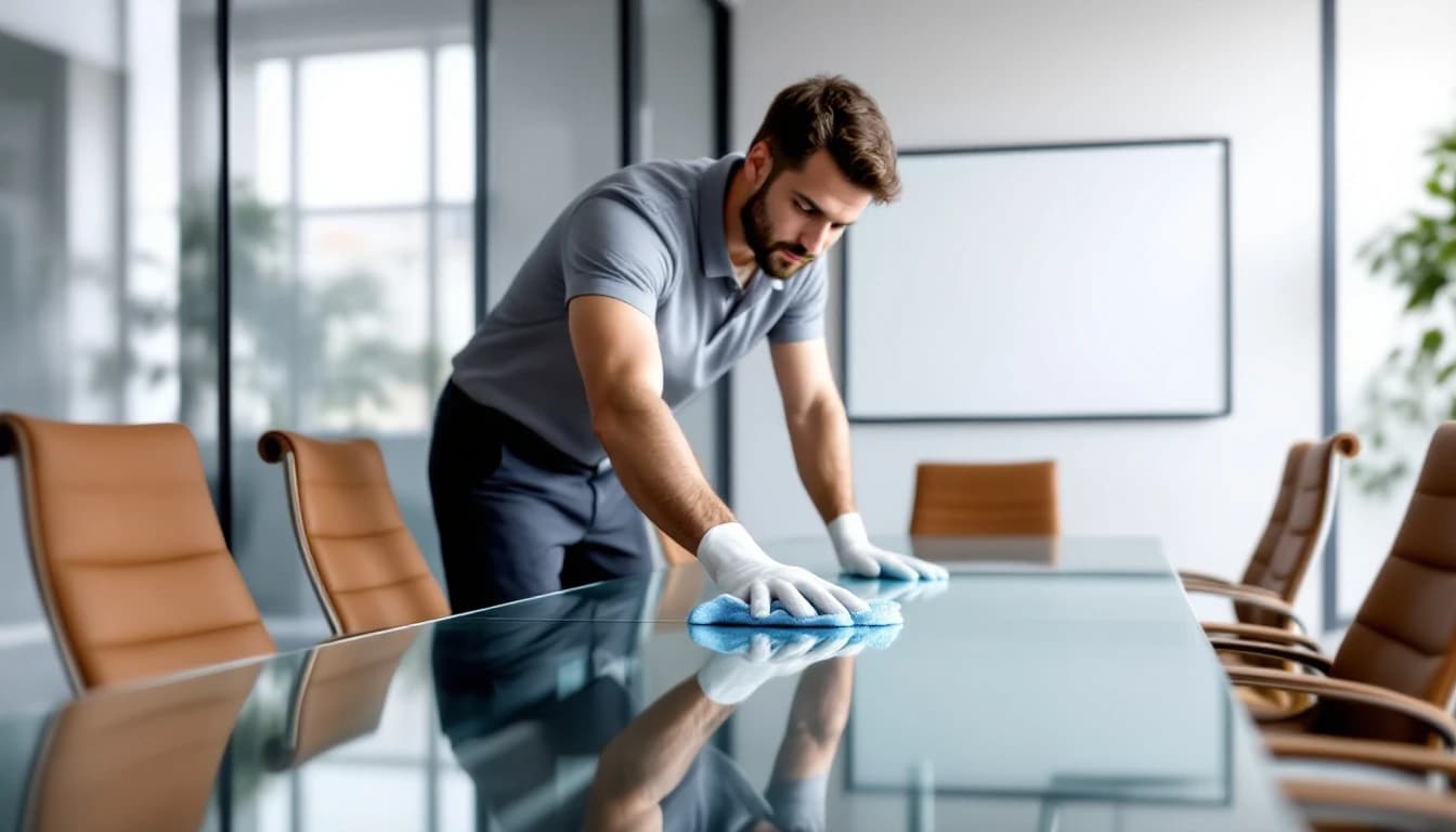 Cleaner wiping down a long glass conference table with leather chairs pushed neatly around it in a Hurst, TX office suite