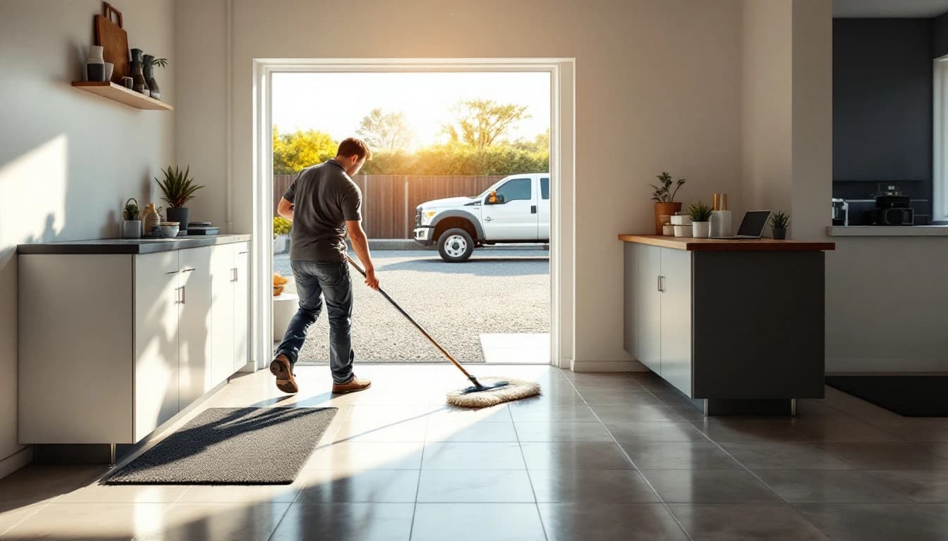 Cleaner mopping the entry of a contractor front office in Joshua, TX after closing