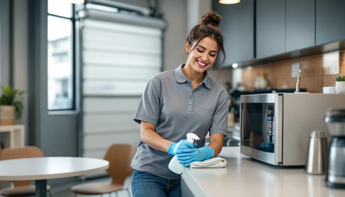 Cleaner in a grey polo and blue gloves sanitizing the breakroom counter and microwave of a Kennedale, TX office beside the shop roll-up door