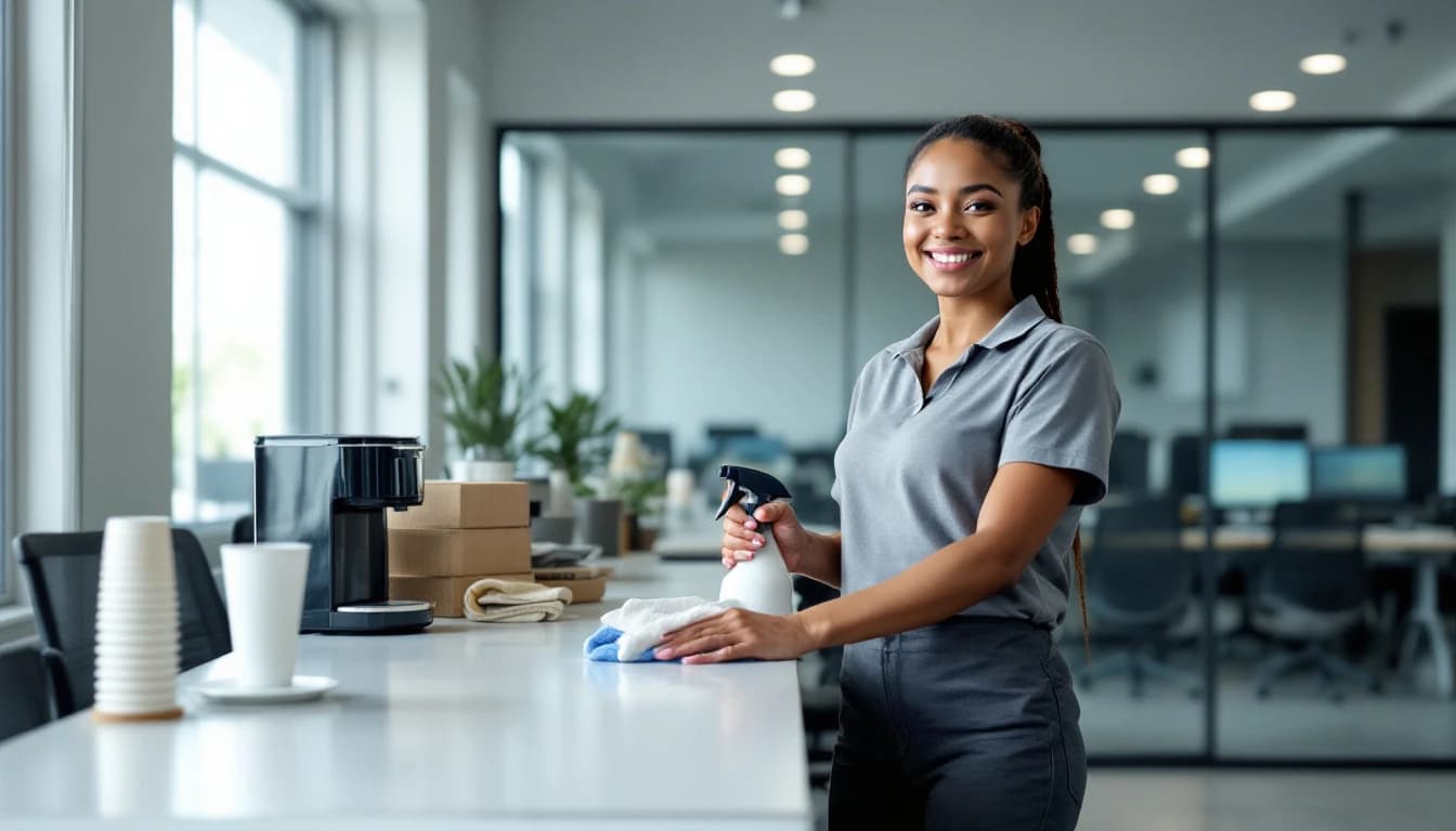 Cleaner in a grey polo sanitizing a modern breakroom counter with a built-in coffee station in a Roanoke, TX office suite with a tall glass wall onto a landscaped courtyard