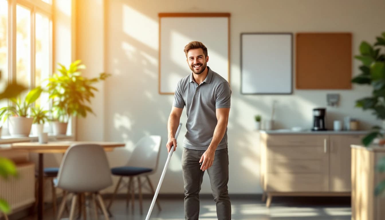 Cleaner mopping the floor of a small front office attached to a warehouse in Saginaw, TX