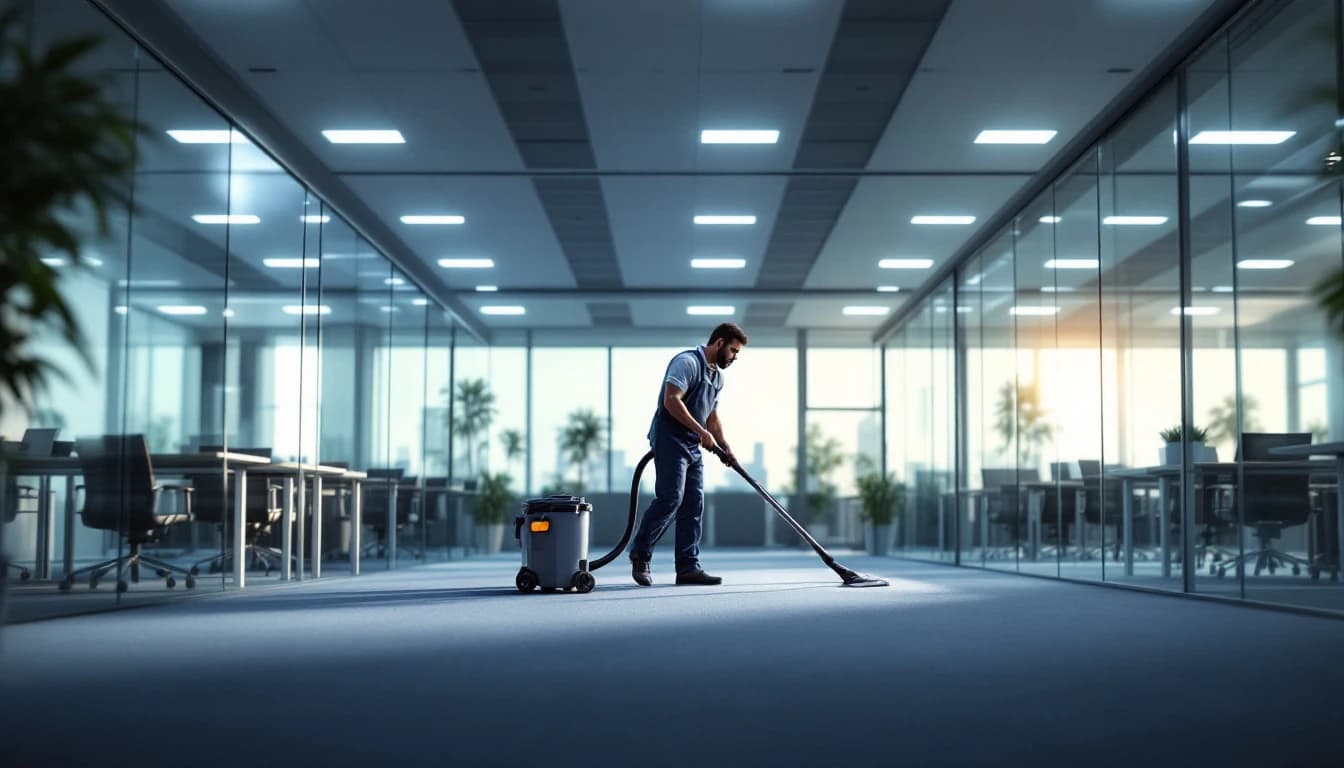Professional cleaner wiping down a conference room table in a modern Southlake office after hours