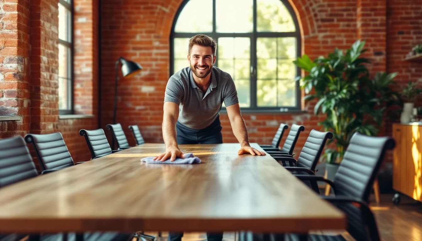 Cleaner in a grey polo wiping a long wooden conference table in a restored brick office building in Weatherford, TX, with an exposed red brick wall and a tall arched window