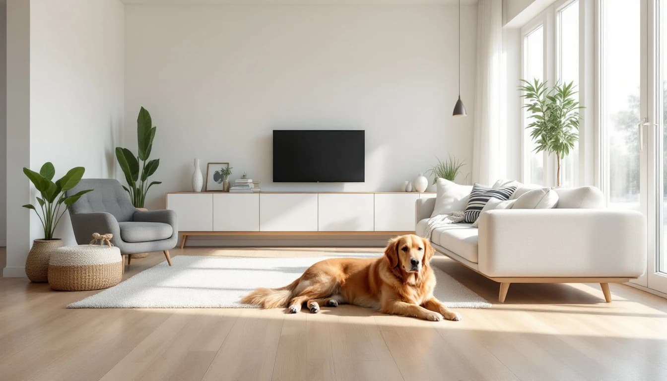 A tidy DFW living room with a dog on a clean floor after a professional house cleaning