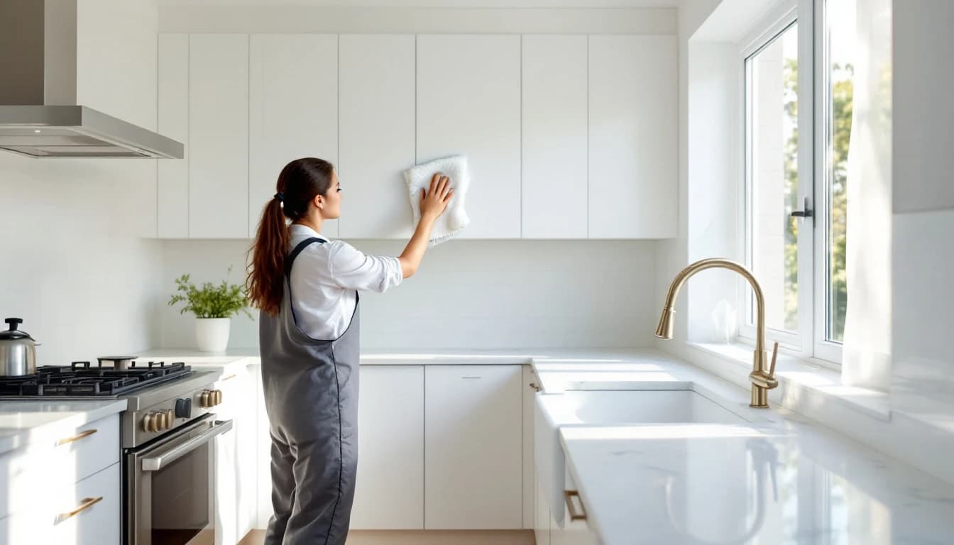 Cleaner removing fine construction dust from a newly renovated Fort Worth kitchen