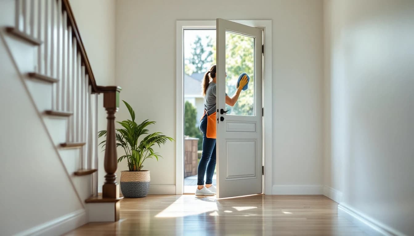 Housekeeper in a grey shirt and apron polishing the glass of a front door in a bright empty entryway with gleaming hardwood floors and a staircase behind