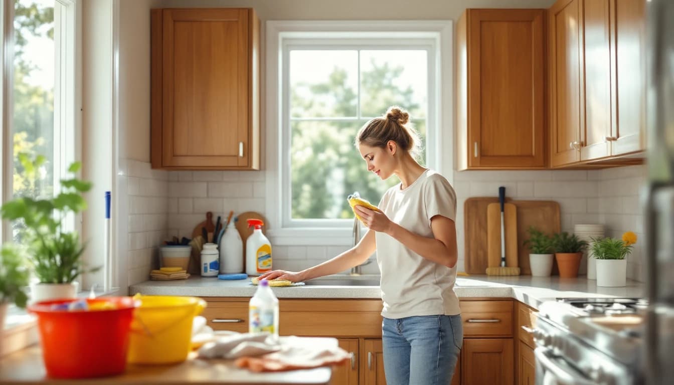 Side-by-side view of a DFW home kitchen mid-DIY cleaning with supplies on the counter next to a professionally finished, spotless counter