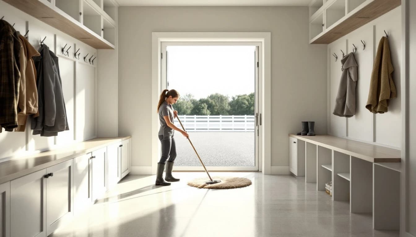 Cleaner wiping down a large kitchen island in an Aledo, TX acreage home with boots visible by the mud room door