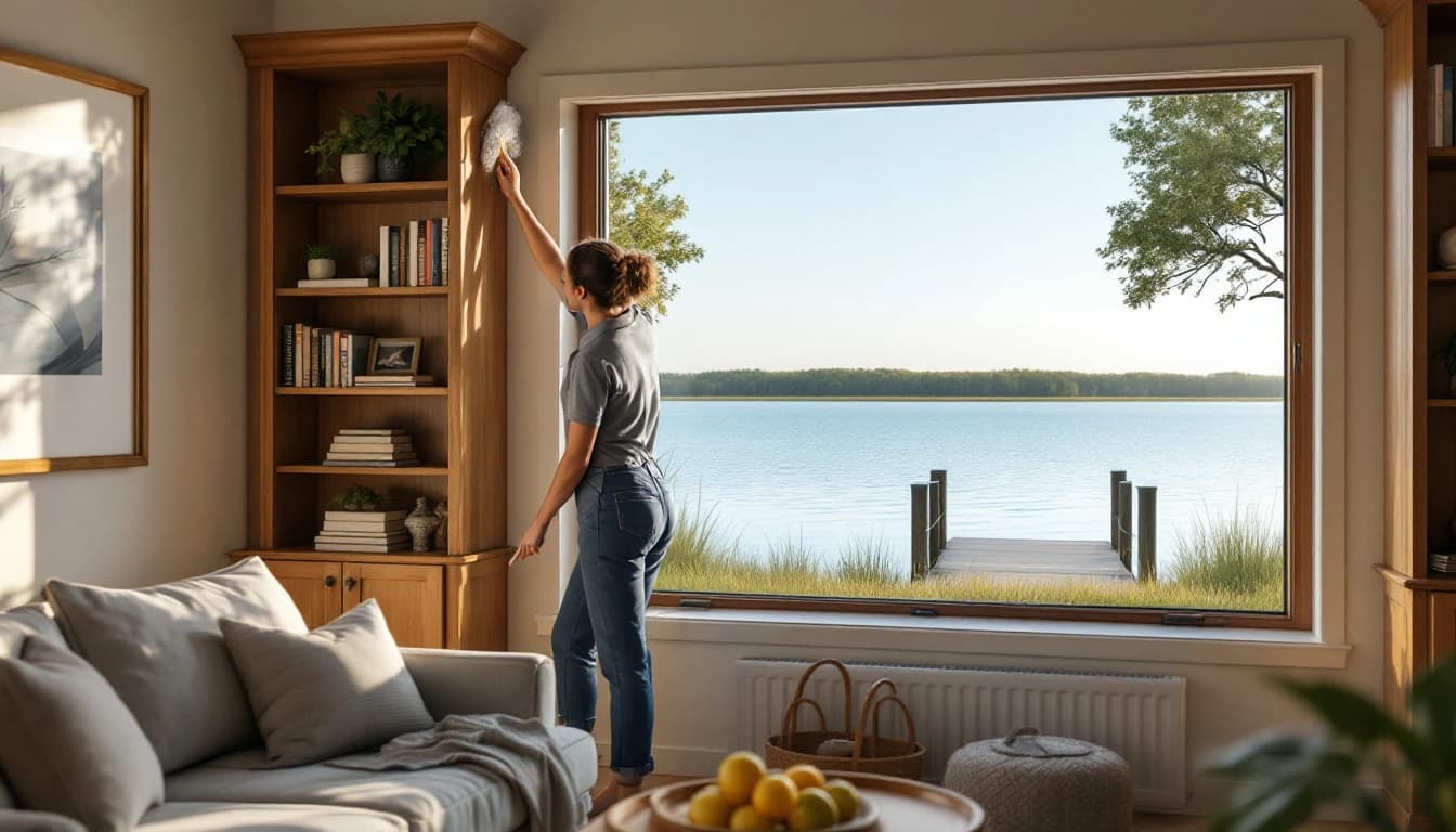 Housekeeper in a grey polo dusting a wooden built-in bookshelf in a relaxed lakeside Azle, TX living room with a wide picture window showing calm blue lake water