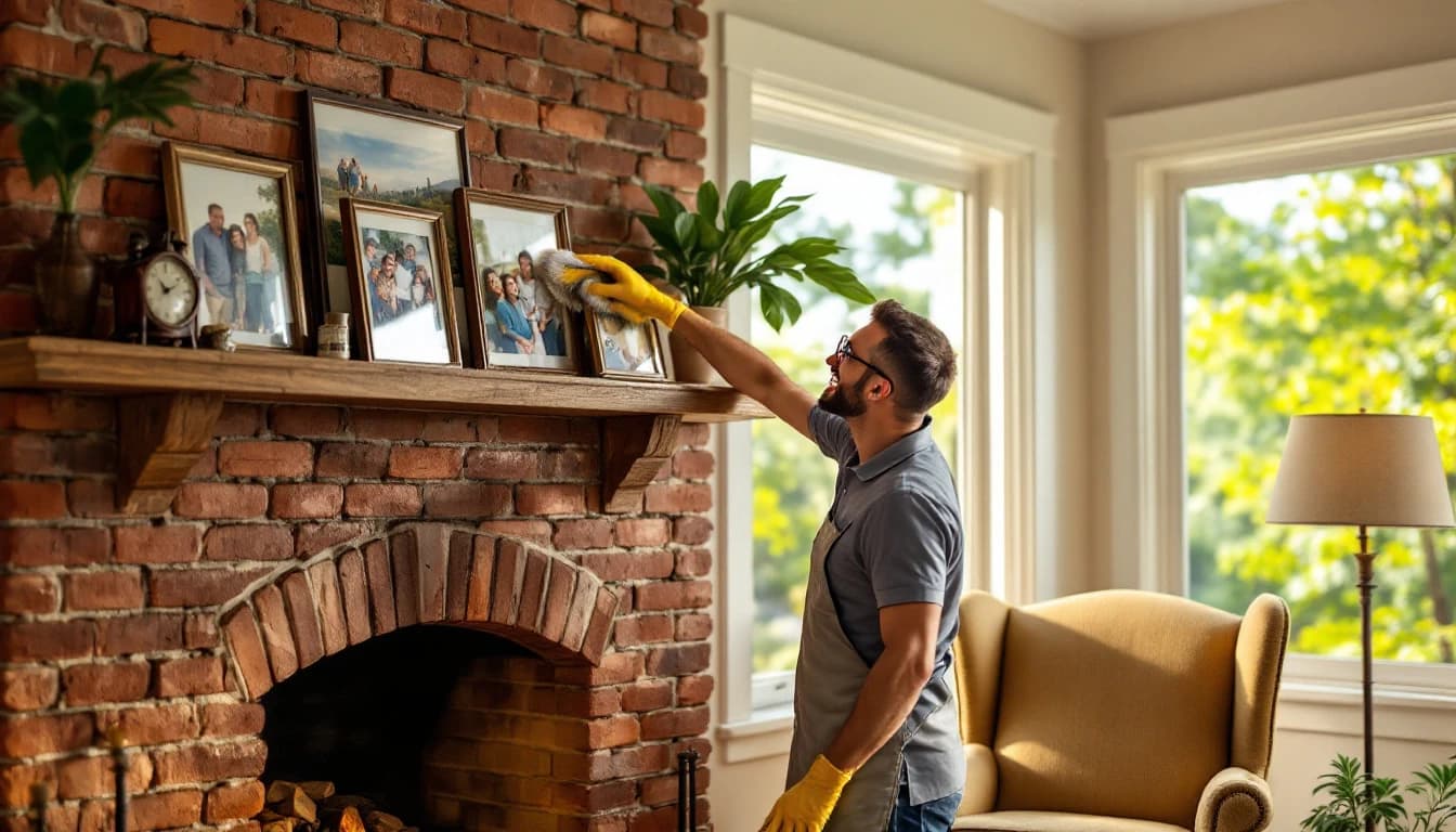 Cleaner dusting a wooden mantel in a long-established Benbrook, TX home with sunlight through mature trees outside
