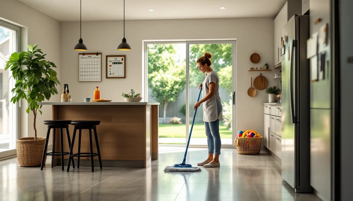 Housekeeper mopping the tile floor of an open kitchen in a newer Burleson, TX suburban home with toys tidied into a basket