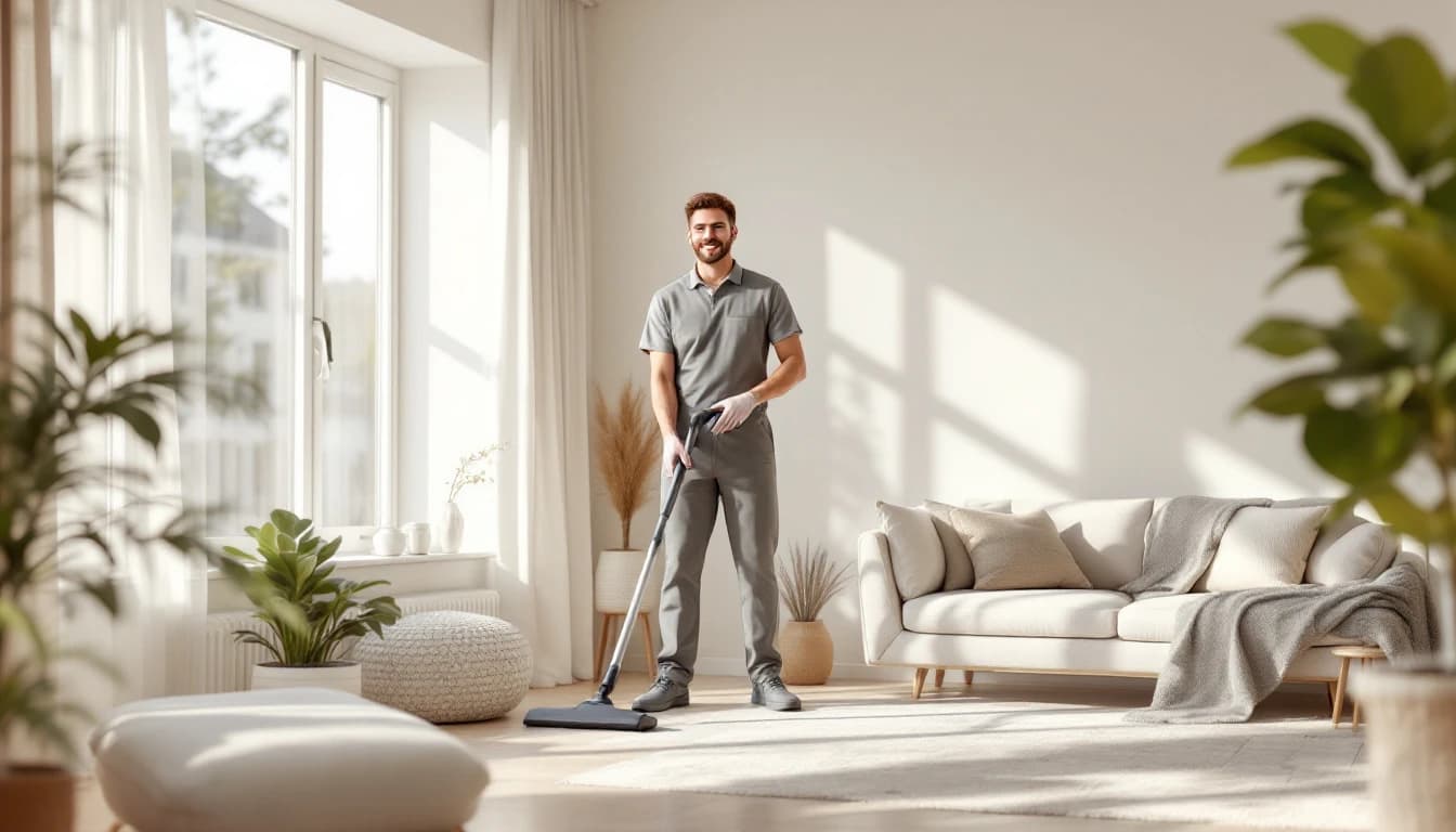 Maid tidying a Fort Worth living room during a scheduled recurring cleaning visit