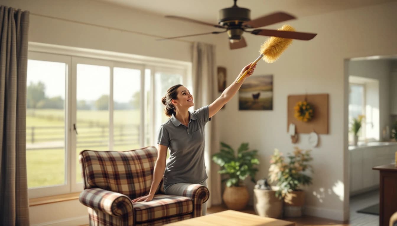 Housekeeper in a grey polo dusting a ceiling fan in the living room of a Godley, TX country home overlooking open pasture