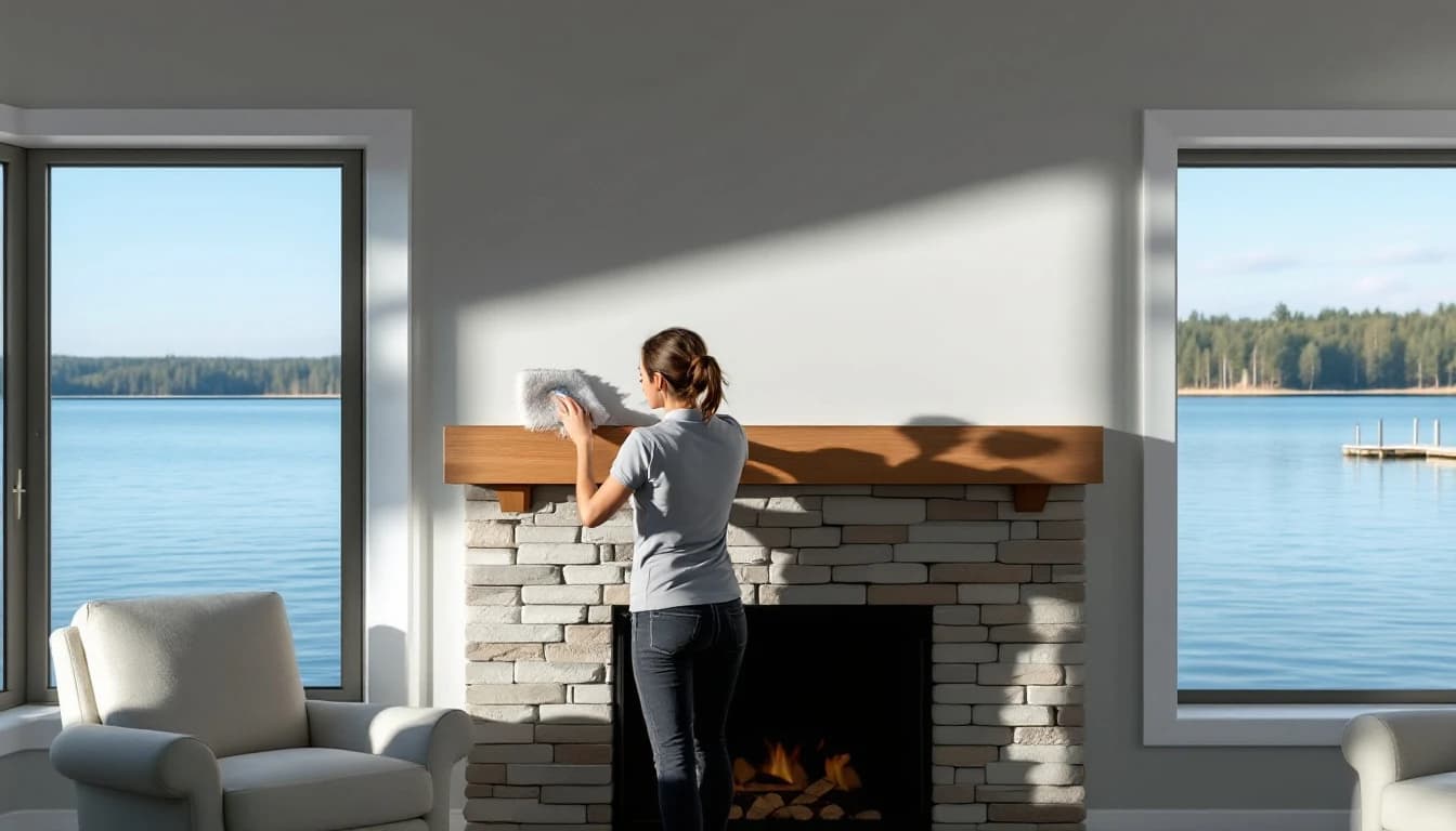 Housekeeper cleaning a sliding glass door in a Granbury, TX lake house with the water visible outside