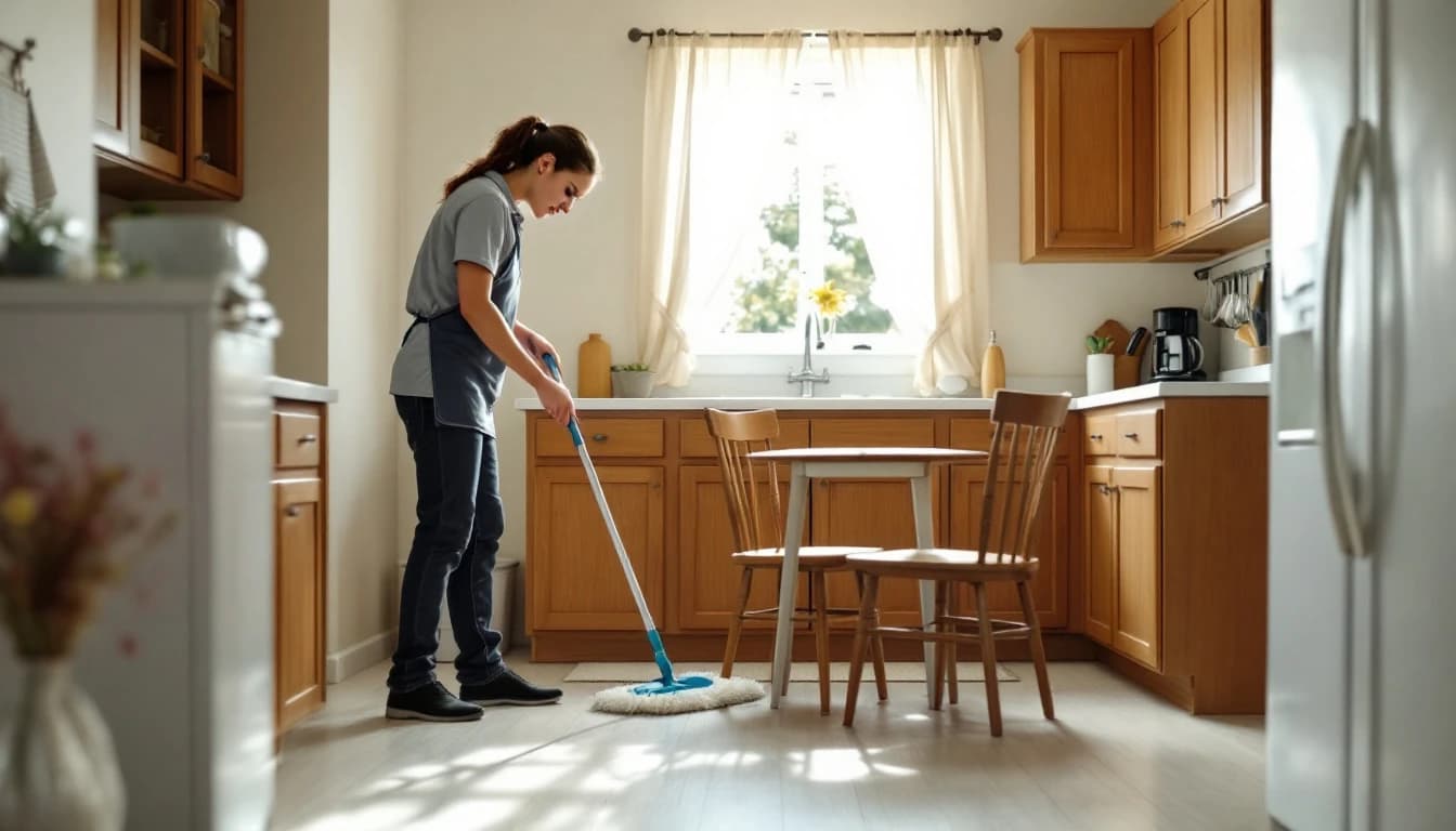 Housekeeper in a grey polo mopping the vinyl floor of a compact tidy kitchen in a single-story Haltom City, TX ranch home with simple oak cabinets and a small dinette table