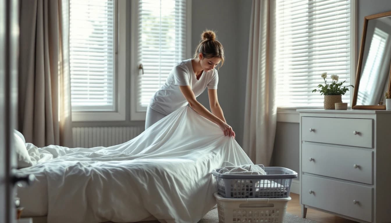 Cleaner smoothing a fresh fitted sheet over a mattress in a modest brick ranch home bedroom in Hurst, TX
