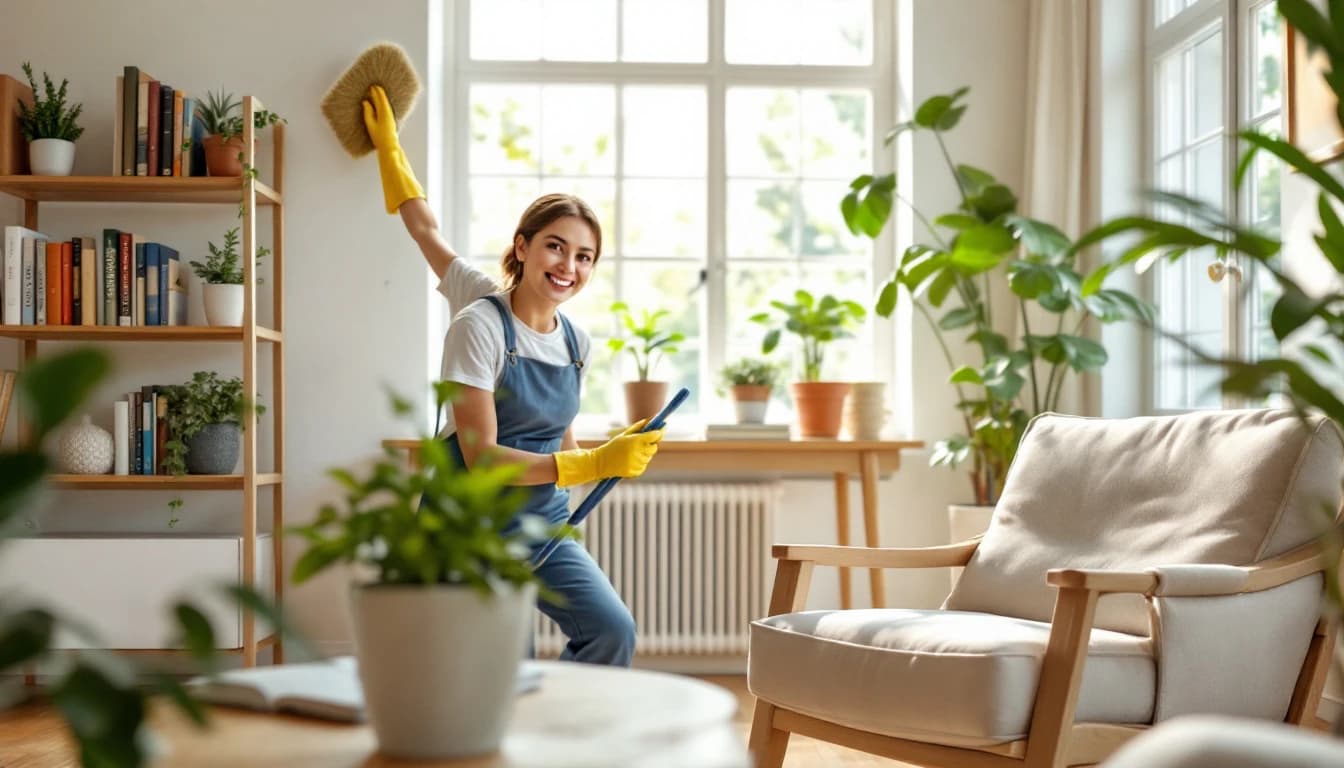 Cleaner tidying a bright Keller family kitchen during a scheduled recurring visit