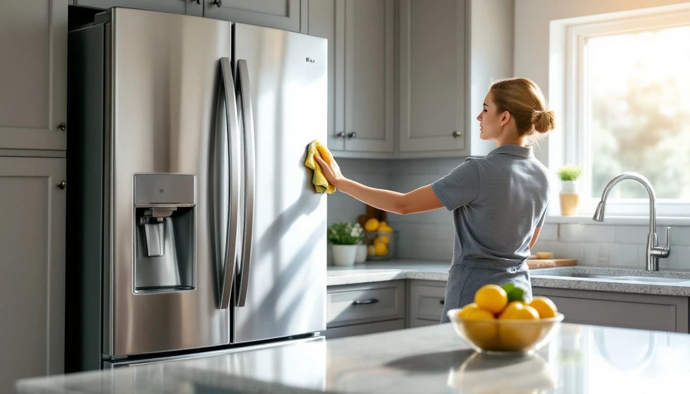 Housekeeper in a grey polo wiping the door of a stainless refrigerator in a tidy Kennedale, TX kitchen