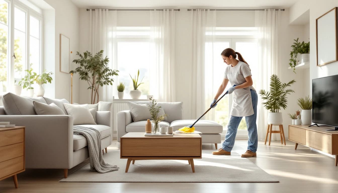 Recurring house cleaning of a bright North Richland Hills, TX living room and kitchen