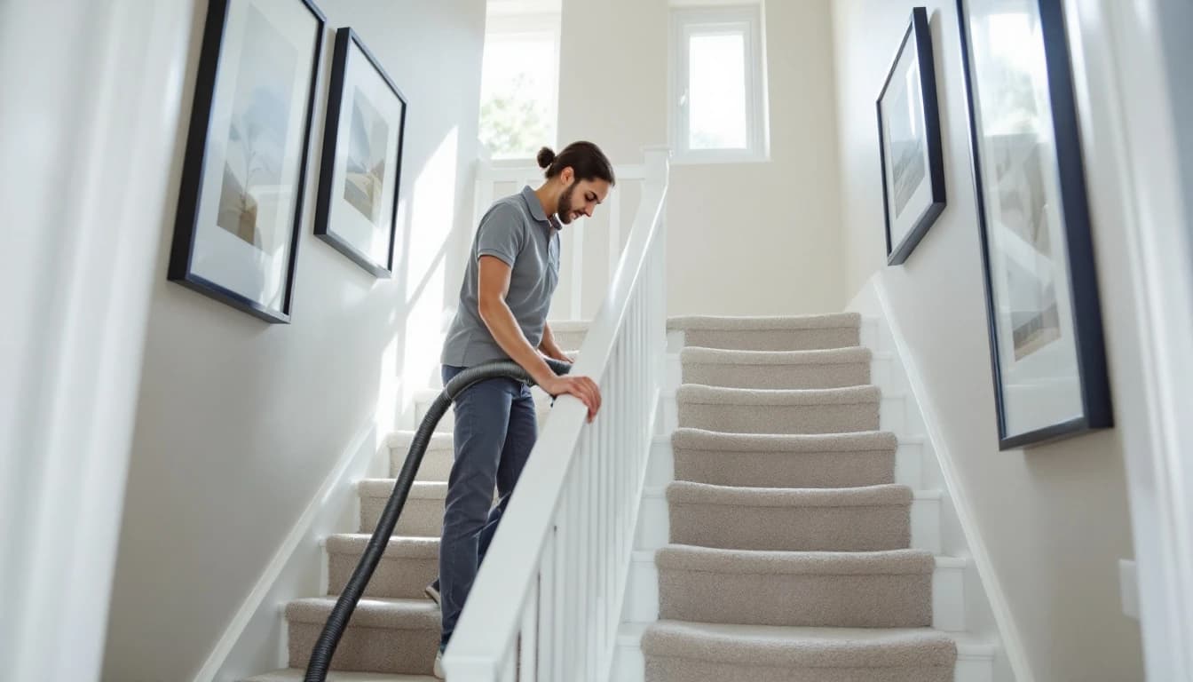 Housekeeper in a grey polo vacuuming the carpeted stairs of a Saginaw, TX home