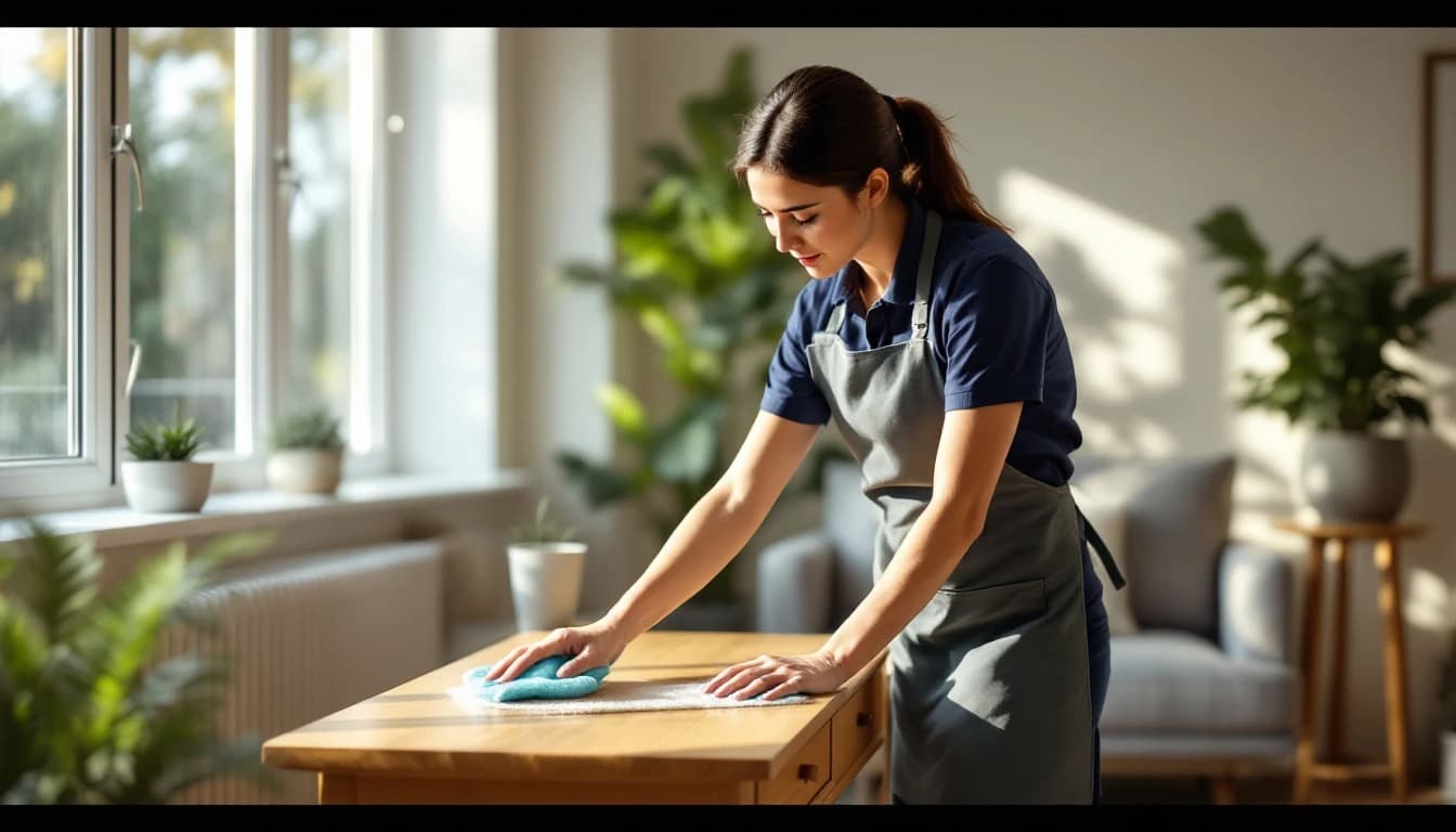 Maid cleaning a bright DFW living room during a scheduled recurring visit