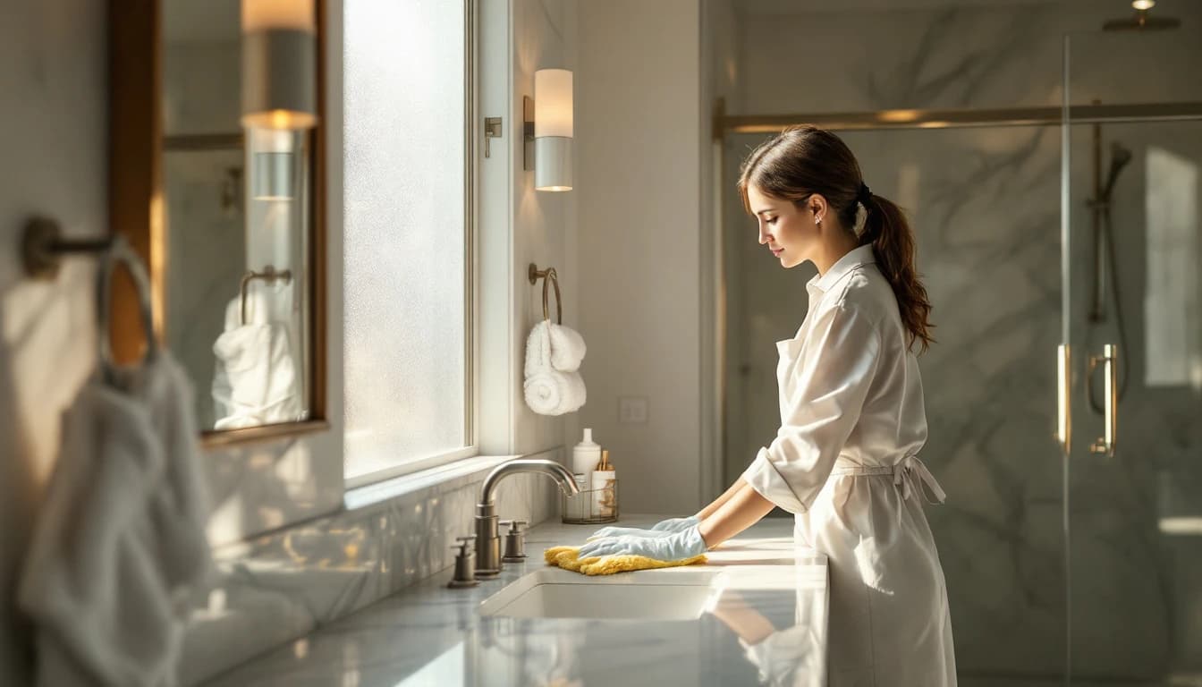 Cleaner quickly resetting a Fort Worth kitchen and entryway before overnight guests arrive