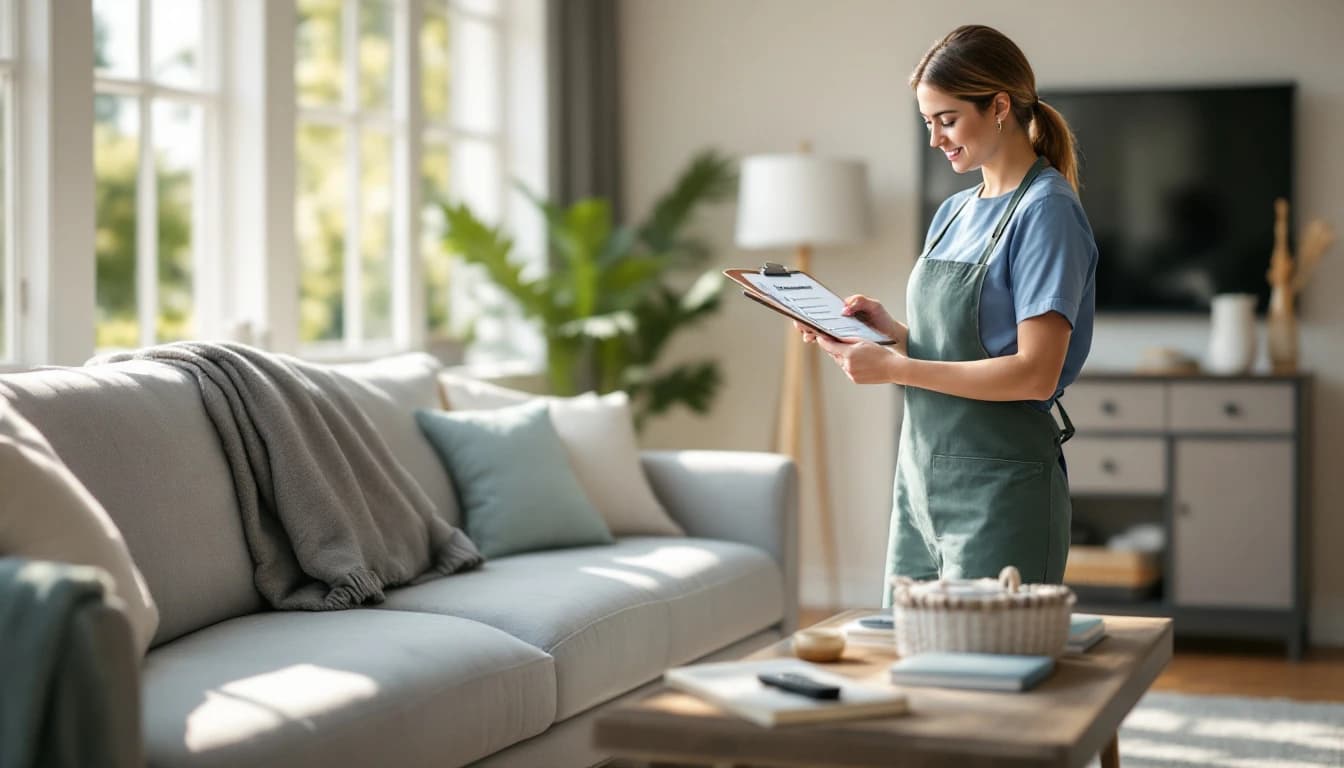 Housekeeper holding a printed checklist on a clipboard while scanning a freshly staged short-term rental living room in DFW