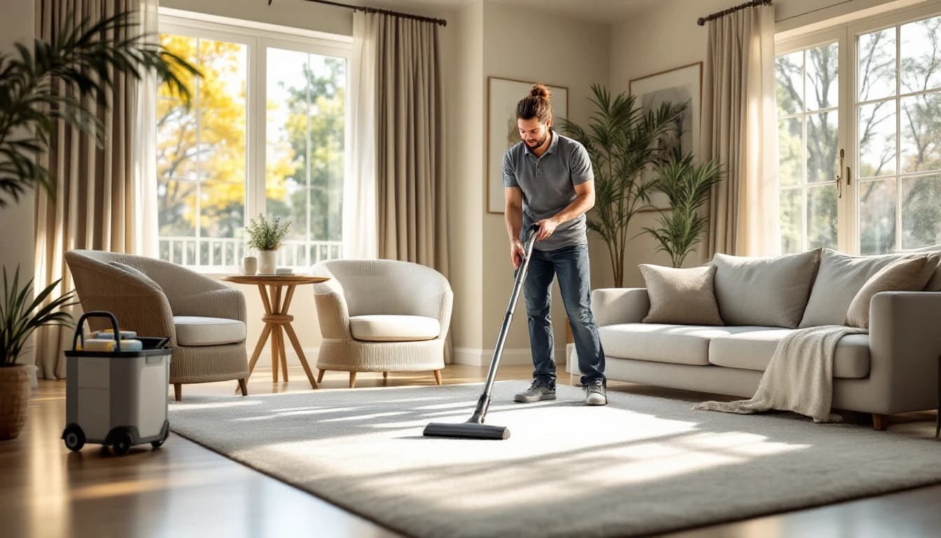 A housekeeper vacuuming the rug of a Fort Worth living room on a short-notice visit
