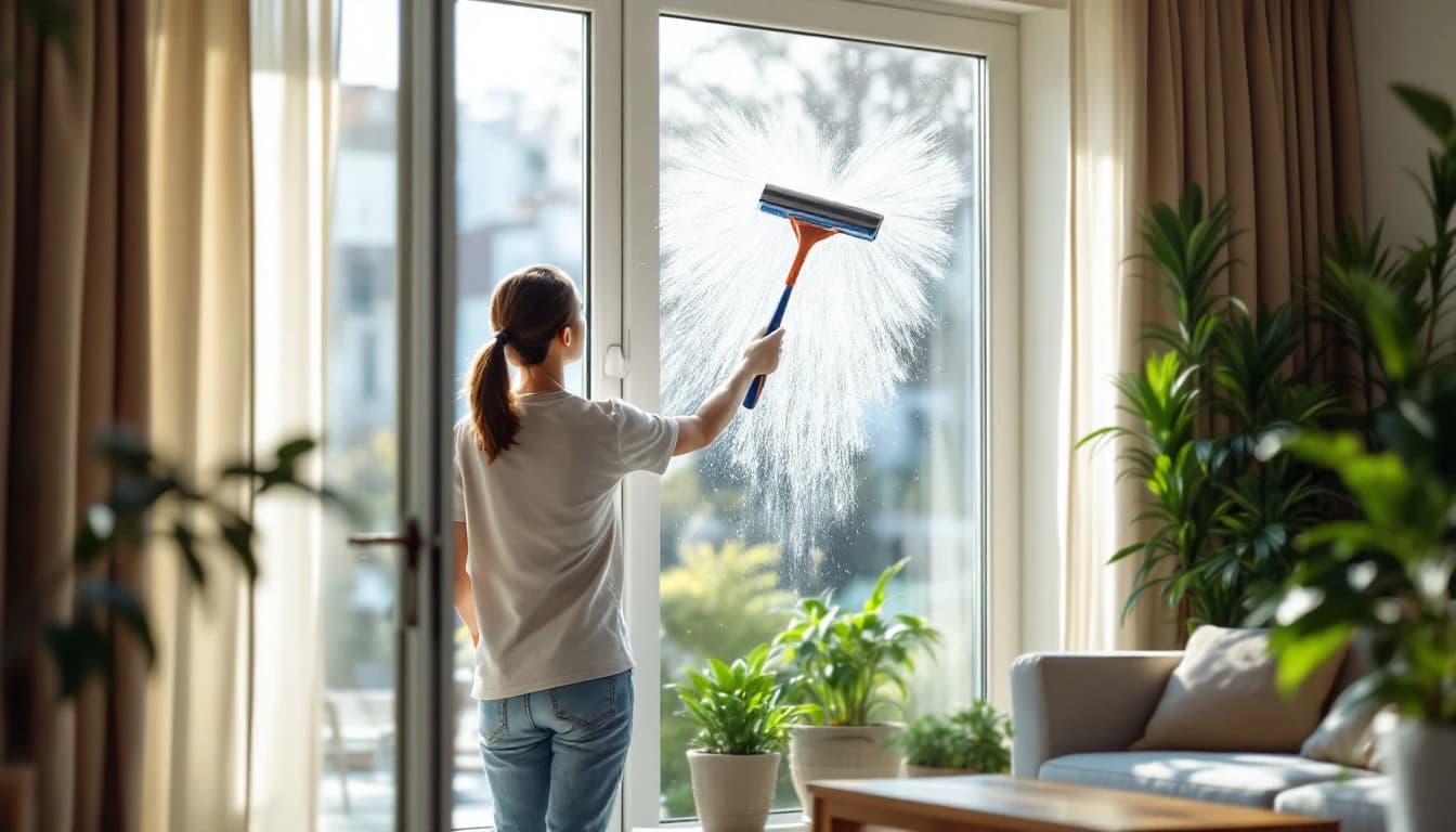 Cleaner washing interior windows during spring cleaning in a bright DFW living room