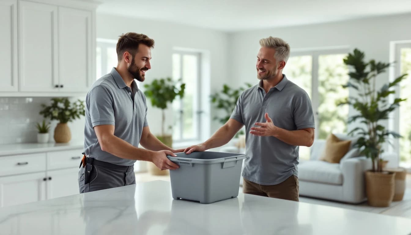 Two cleaners in grey polo shirts talking over a supply bin on a white kitchen island, planning a job in a bright open-plan home