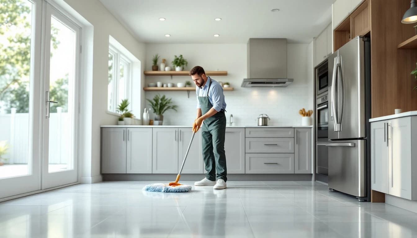 Professional house cleaner mopping the floor of a bright modern Fort Worth kitchen