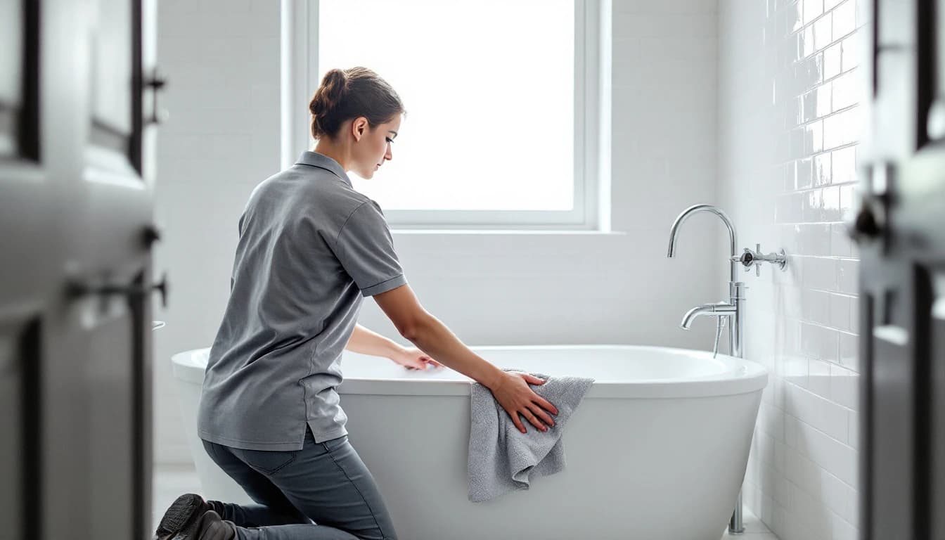 A housekeeper scrubbing a white bathtub with a sponge in a bright, tidy bathroom during a standard cleaning visit