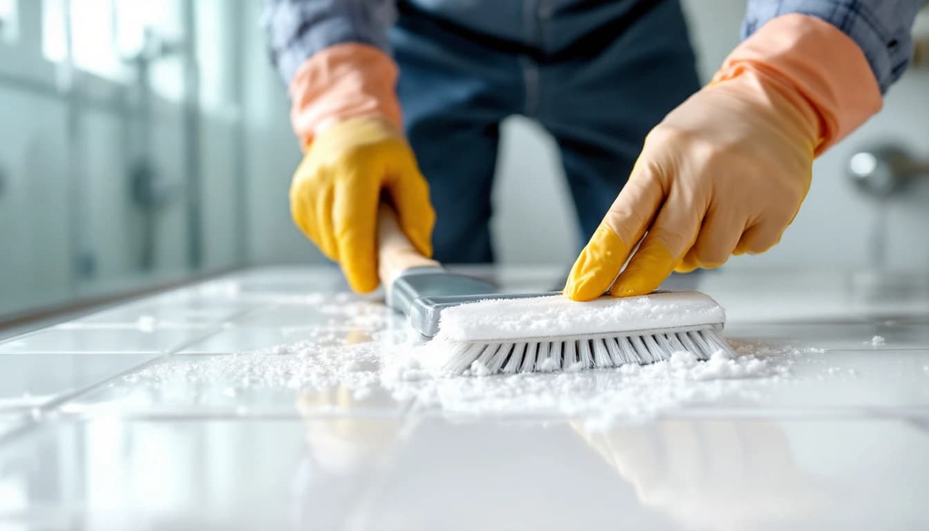 Gloved hands scrubbing sparkling bathroom tile grout with a detail brush during a Fort Worth deep clean