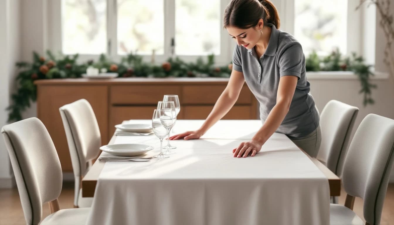 Housekeeper in a grey polo smoothing a white tablecloth on a long dining table set with plain plates, a garland on the sideboard and a window behind
