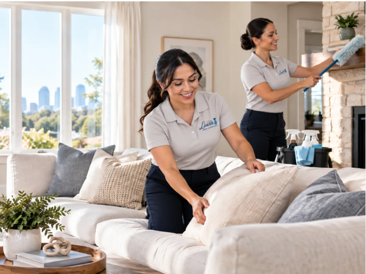 Two Laura Maid Services cleaners in uniform organizing a Fort Worth living room, one fluffing sofa cushions while the other dusts the fireplace mantel