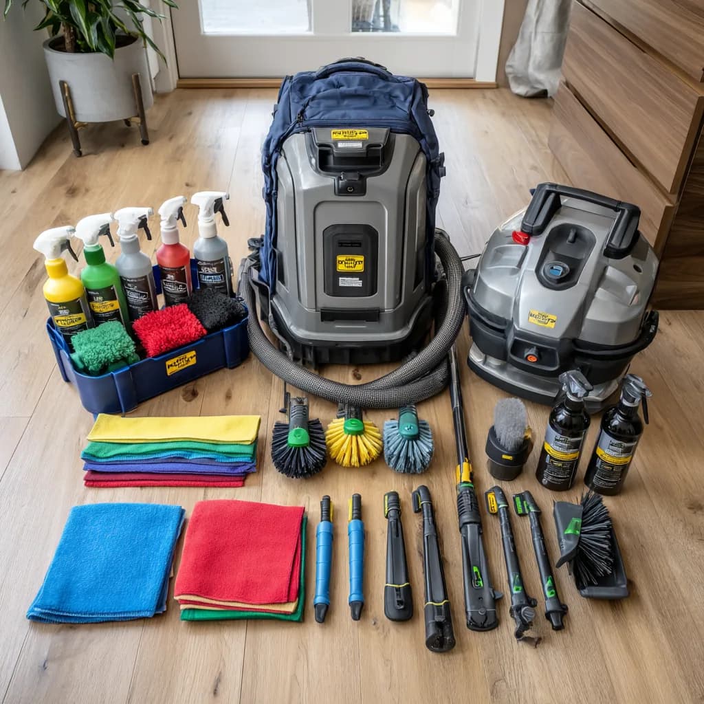 Professional cleaning equipment used by Laura Maid Services โ HEPA vacuum, color-coded microfiber, EPA-registered products